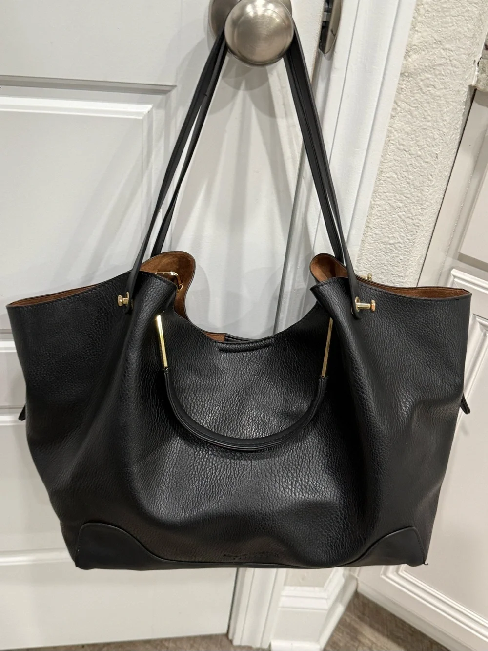 Sondra Robert’s Squared Black Pebble Leather Convertible Hobo Bag